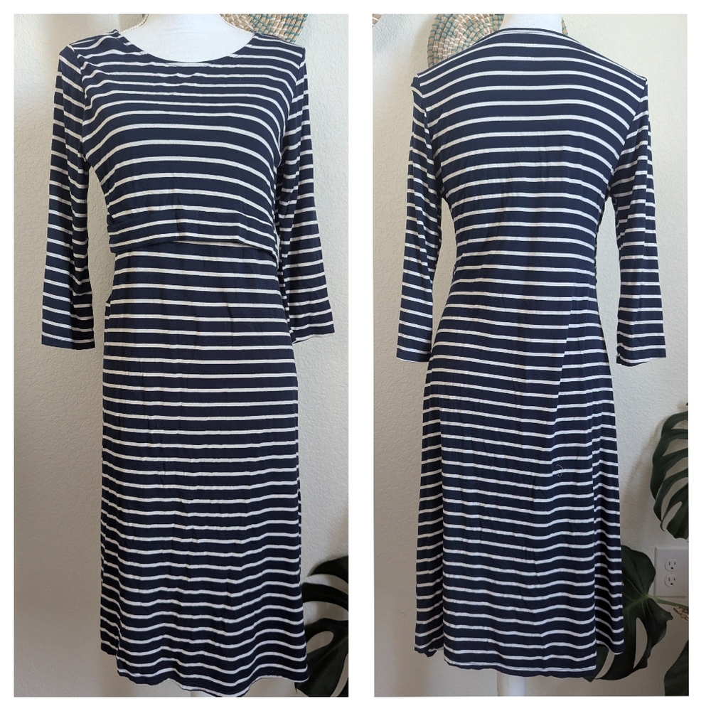 Pip & Vine Nursing Maternity Blue White Striped Midi Dress | Women’s Medium
